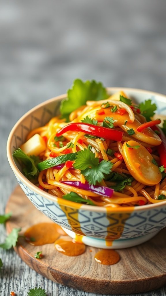 A colorful bowl of ramen salad with chili oil, bell peppers, and cilantro