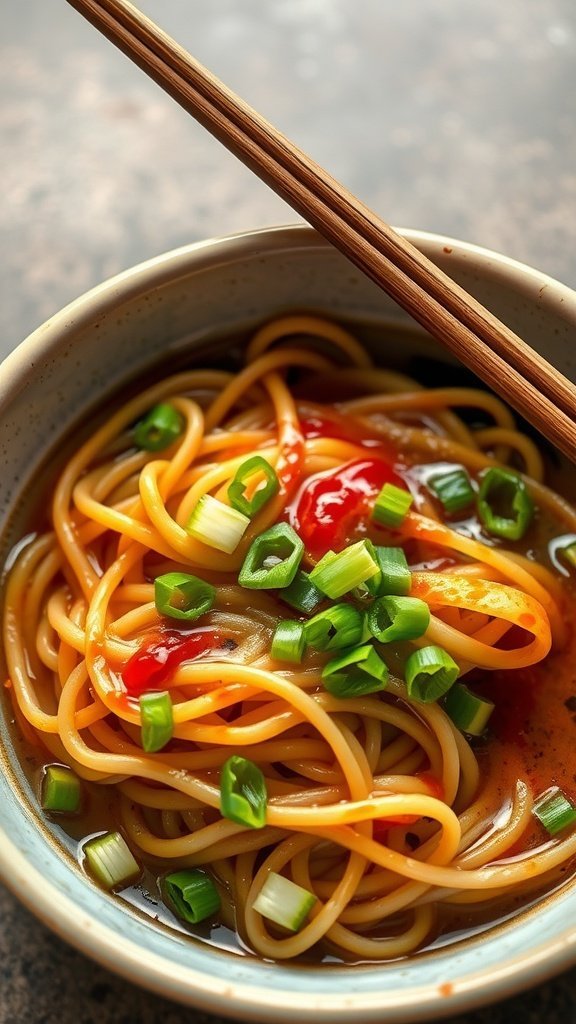 A bowl of chili oil noodles garnished with scallions and served with chopsticks.