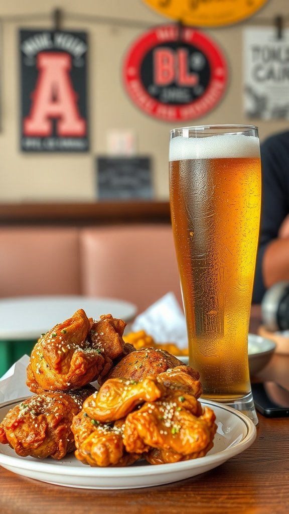 A plate of fried chicken next to a tall glass of beer in a casual dining setting.