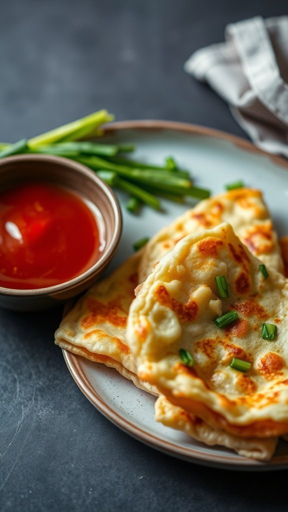 A plate of scallion pancakes with a dipping sauce and fresh scallions