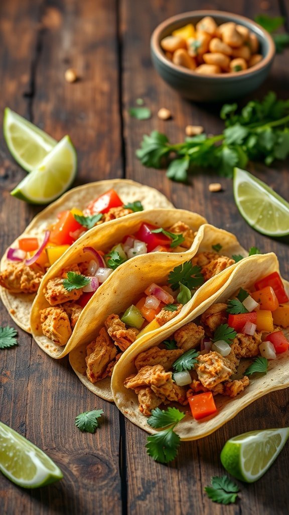 Three Chipotle Lime Chicken Tacos filled with chicken, veggies, and cilantro on a wooden table with lime wedges