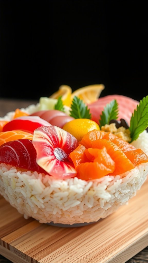 A beautifully arranged chirashi sushi rice bowl with a variety of seafood and colorful toppings.