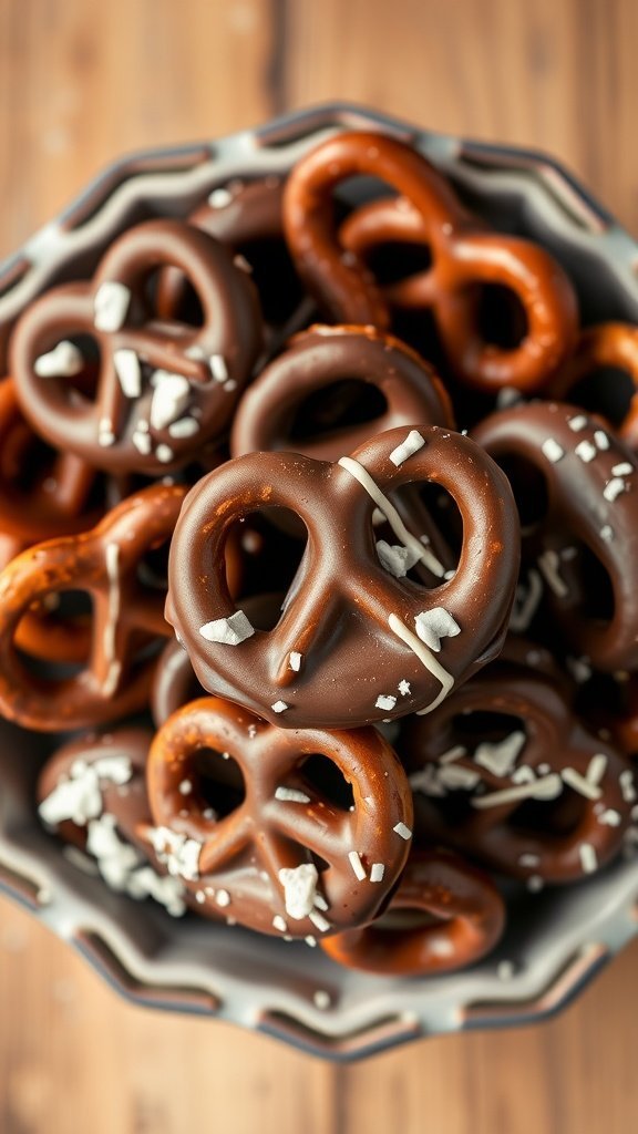 Bowl of chocolate-covered pretzels with a sprinkle of salt