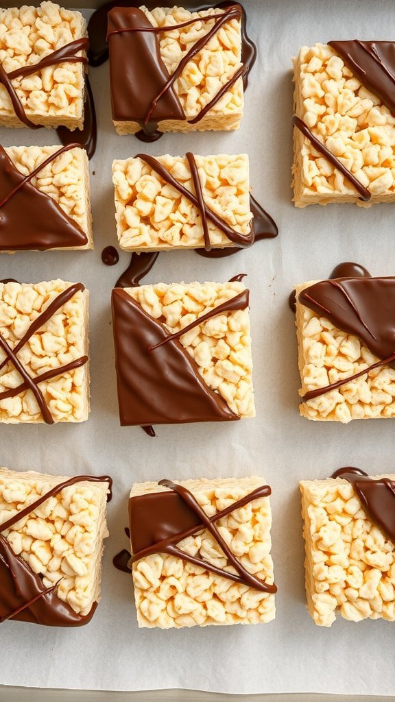 Chocolate-dipped Rice Krispie treats arranged on parchment paper