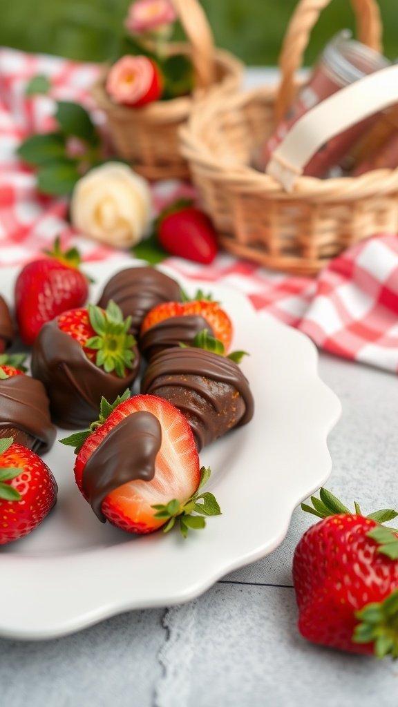 A plate of chocolate-dipped strawberries surrounded by fresh strawberries and small baskets on a picnic blanket.