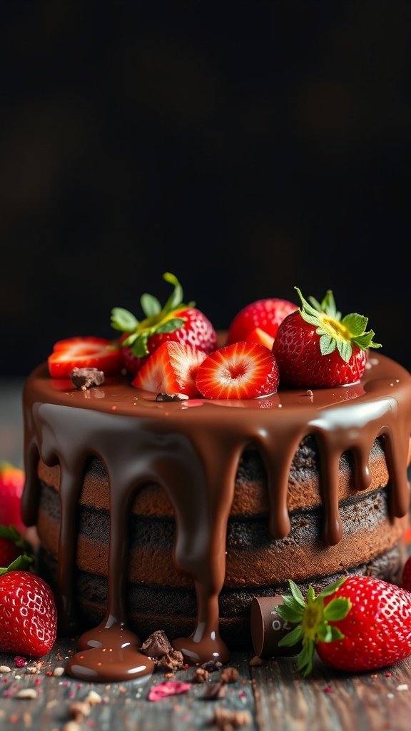 A rich chocolate cake topped with fresh strawberries and drizzled with chocolate ganache.