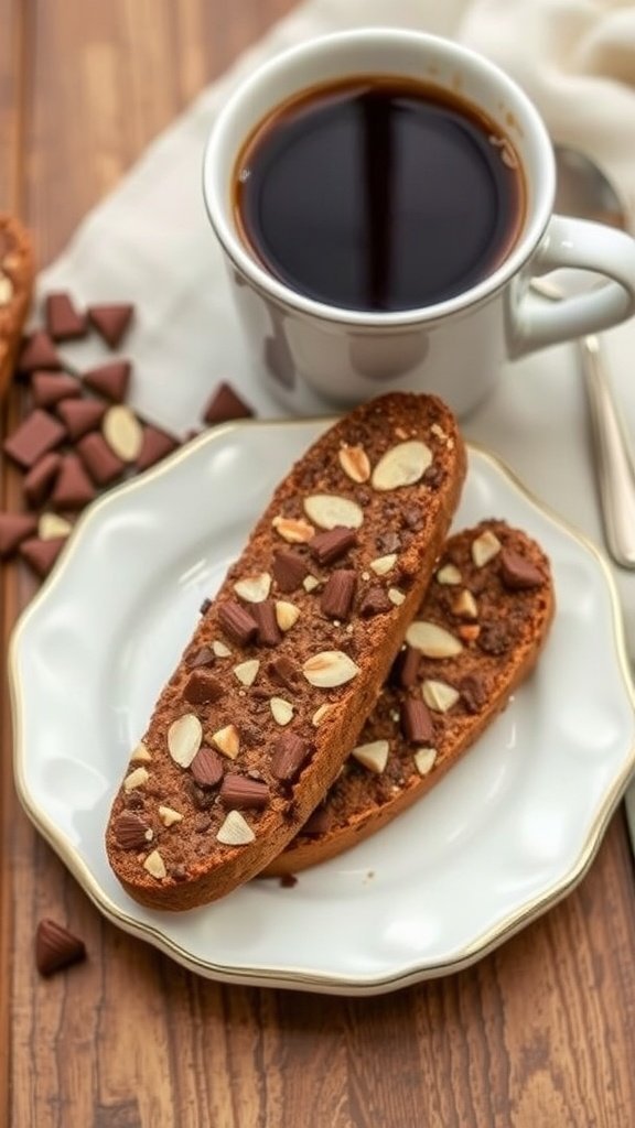 Plate of chocolate almond biscotti with a cup of coffee
