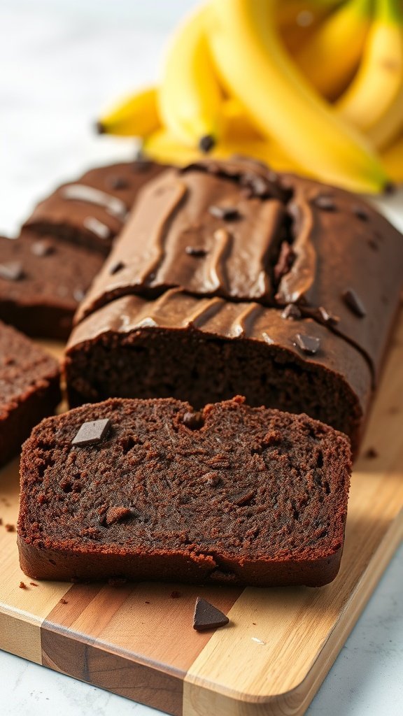 Sliced chocolate banana bread on a wooden board with bananas in the background