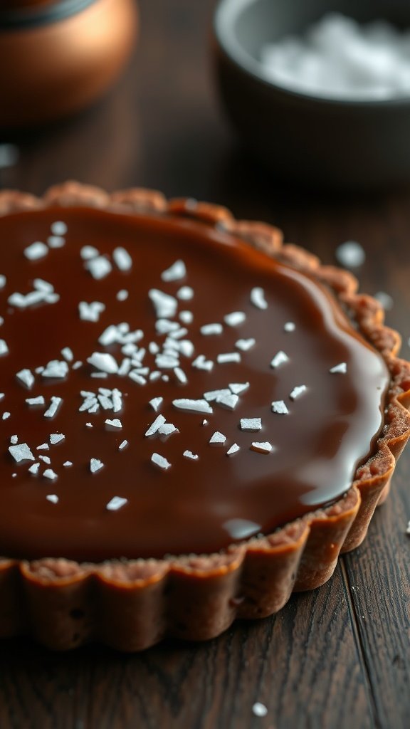 A close-up of a chocolate caramel tart topped with flaky sea salt, displayed on a wooden surface.