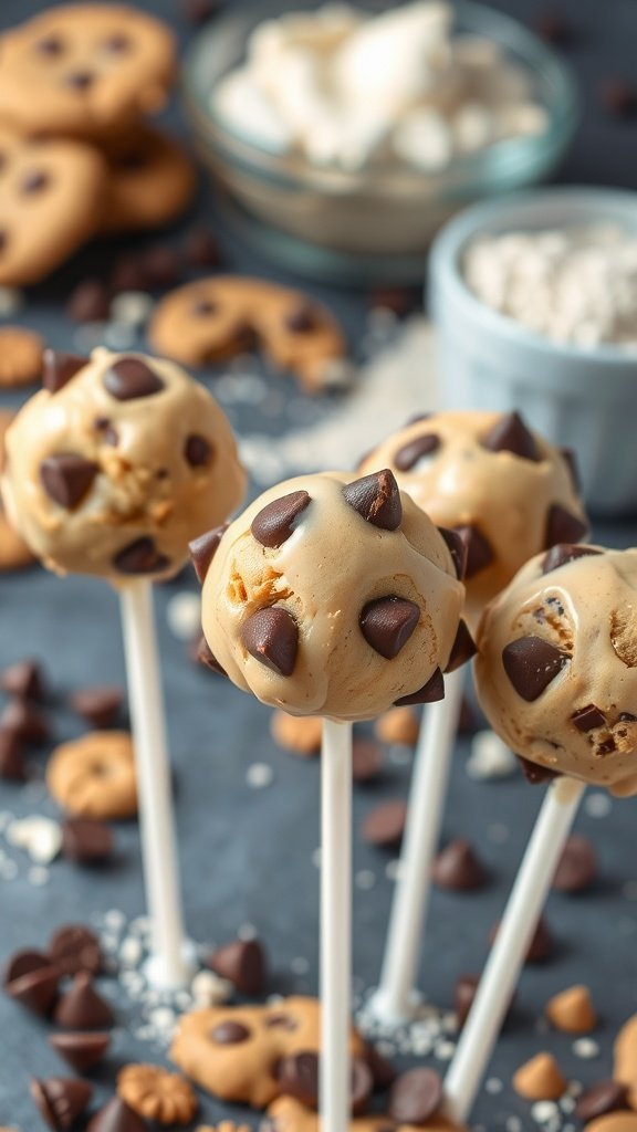Chocolate chip cookie dough cake pops with mini chocolate chips on top and cookie pieces scattered around.