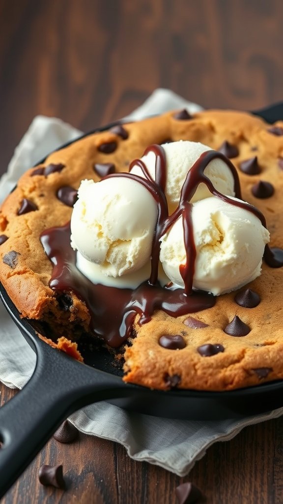 A skillet filled with a warm chocolate chip cookie topped with vanilla ice cream and drizzled with chocolate syrup.
