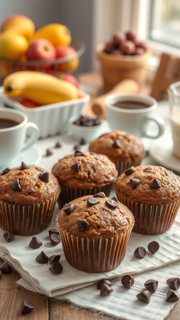 A cozy breakfast scene featuring chocolate chip muffins, fresh fruits, and coffee.