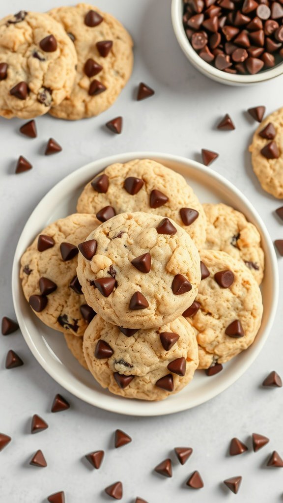 A plate of chocolate chip no bake cookies with chocolate chips scattered around.