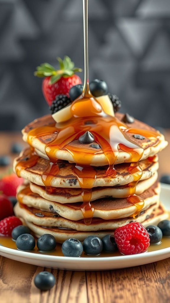 A plate stacked with chocolate chip pancakes topped with syrup and fresh berries.