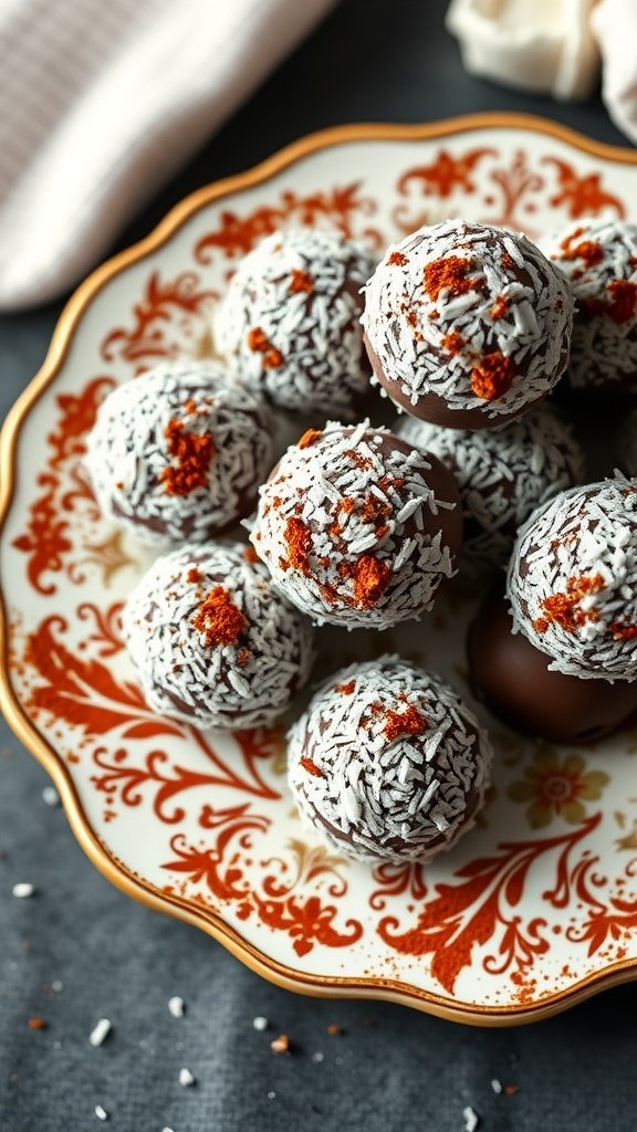 A plate of Chocolate Coconut Truffles sprinkled with shredded coconut and spices.