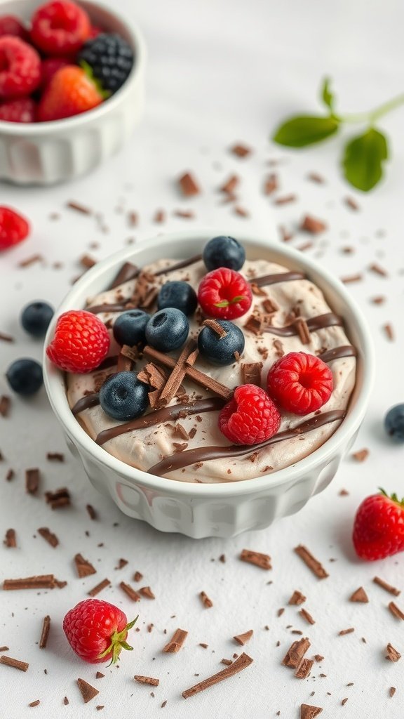 A chocolate cottage cheese dessert bowl topped with blueberries, raspberries, and chocolate shavings.