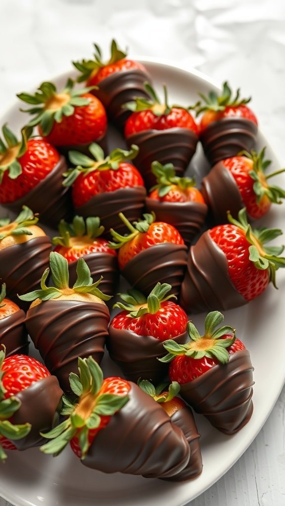 A plate of chocolate dipped strawberries, showcasing their vibrant red color and rich chocolate coating.