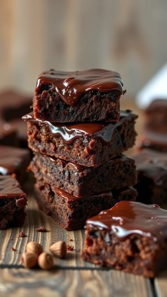 A stack of chocolate fudge brownies topped with glossy chocolate glaze, with whole hazelnuts scattered around.