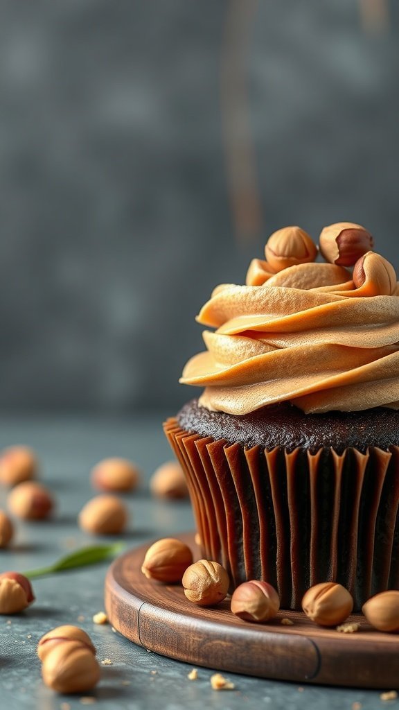 A delicious chocolate hazelnut cupcake topped with creamy frosting and whole hazelnuts