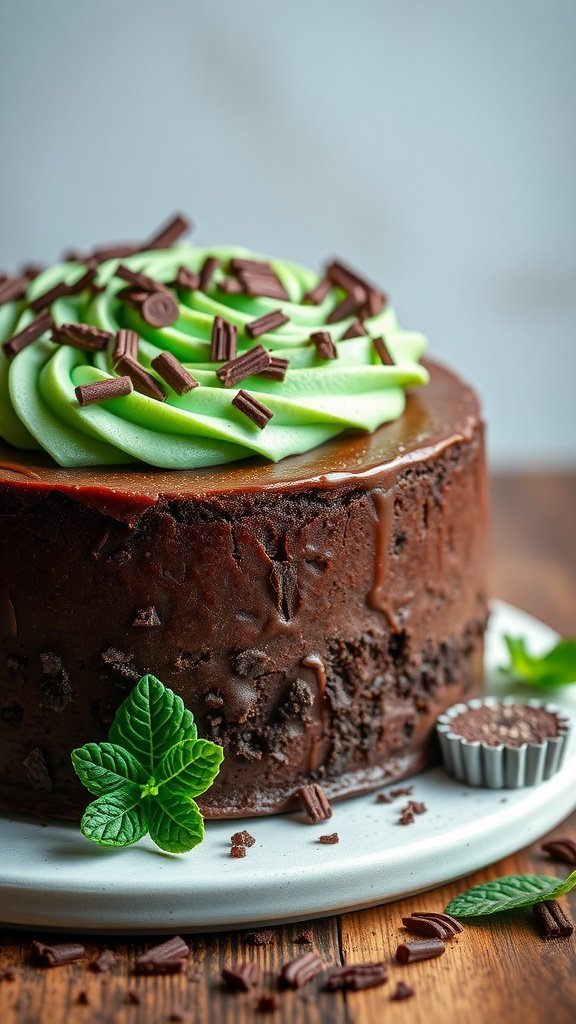 A beautifully decorated chocolate mint cake with green frosting and chocolate shavings.