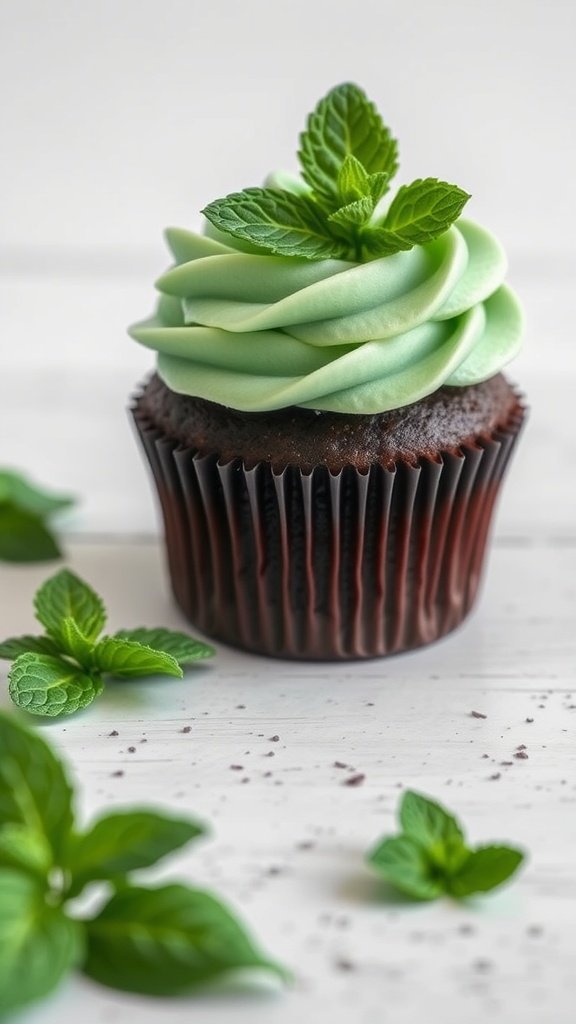 A chocolate mint cupcake with mint green frosting and fresh mint leaves on top