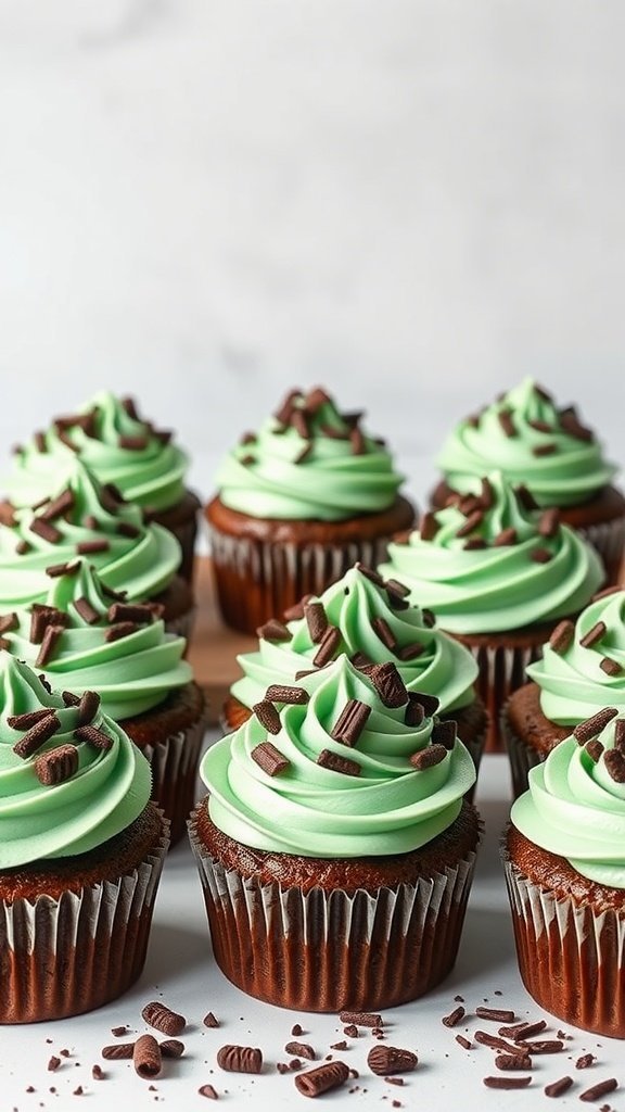 A display of chocolate mint cupcakes with green frosting and chocolate shavings on top