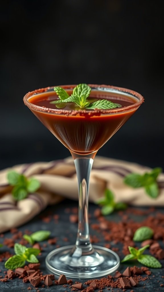 A Chocolate Mint Martini served in a stylish glass, garnished with mint leaves.
