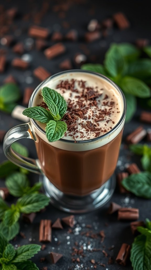 A delicious Chocolate Mint Mocha in a glass mug, topped with whipped cream and garnished with mint leaves.