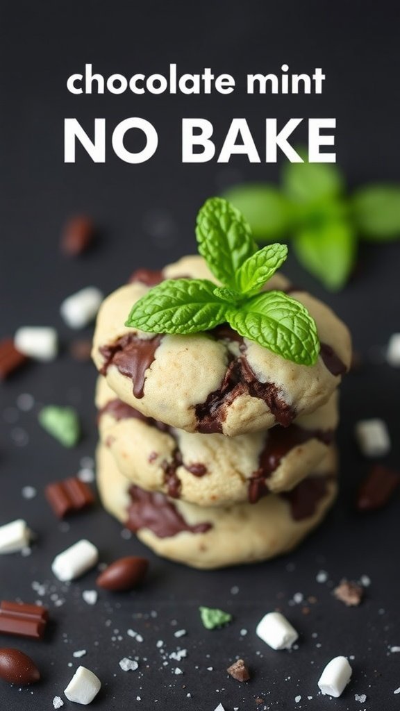 Three chocolate mint no bake cookies stacked with a sprig of mint on top.