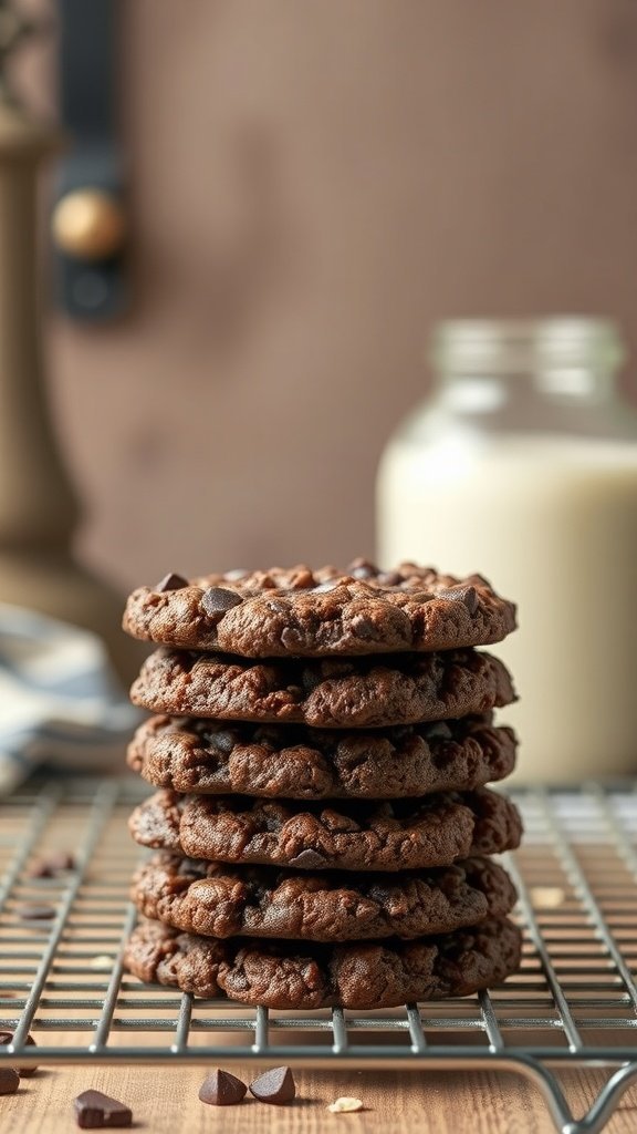 A stack of chocolate oatmeal cookies cooling on a wire rack next to a jar of milk.