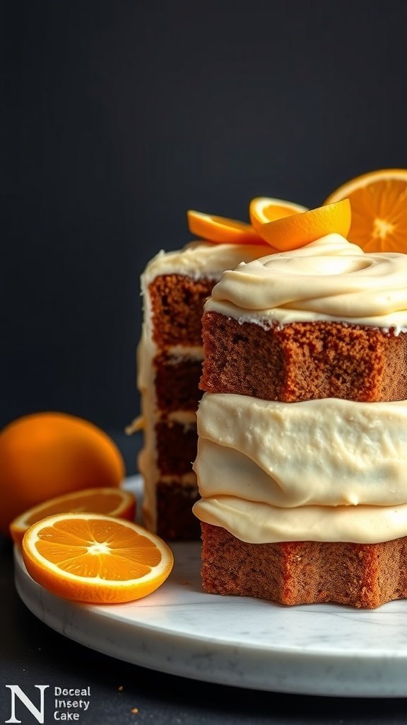 A close-up of Chocolate Orange Chiffon Cake with orange slices on top, set against a dark background.