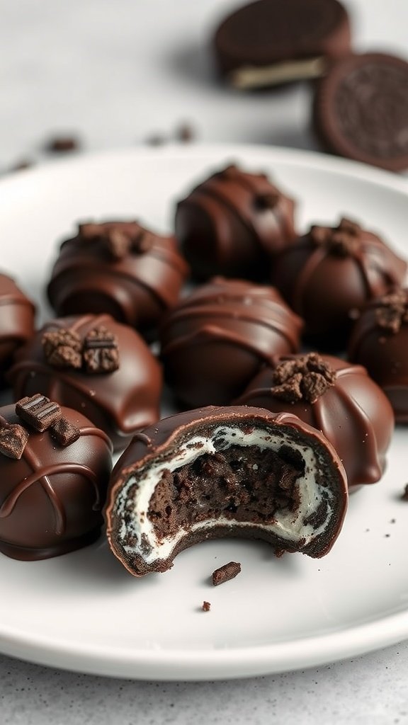A plate of chocolate Oreo truffles, some whole and some cut in half, revealing a creamy center.