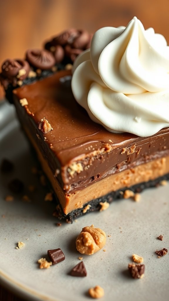 A slice of Chocolate Peanut Butter Pie topped with whipped cream and chocolate chips on a gray plate.