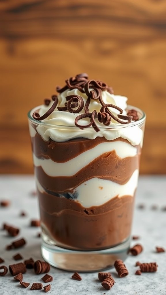 A delicious chocolate pudding parfait layered in a clear glass, topped with whipped cream and chocolate curls.