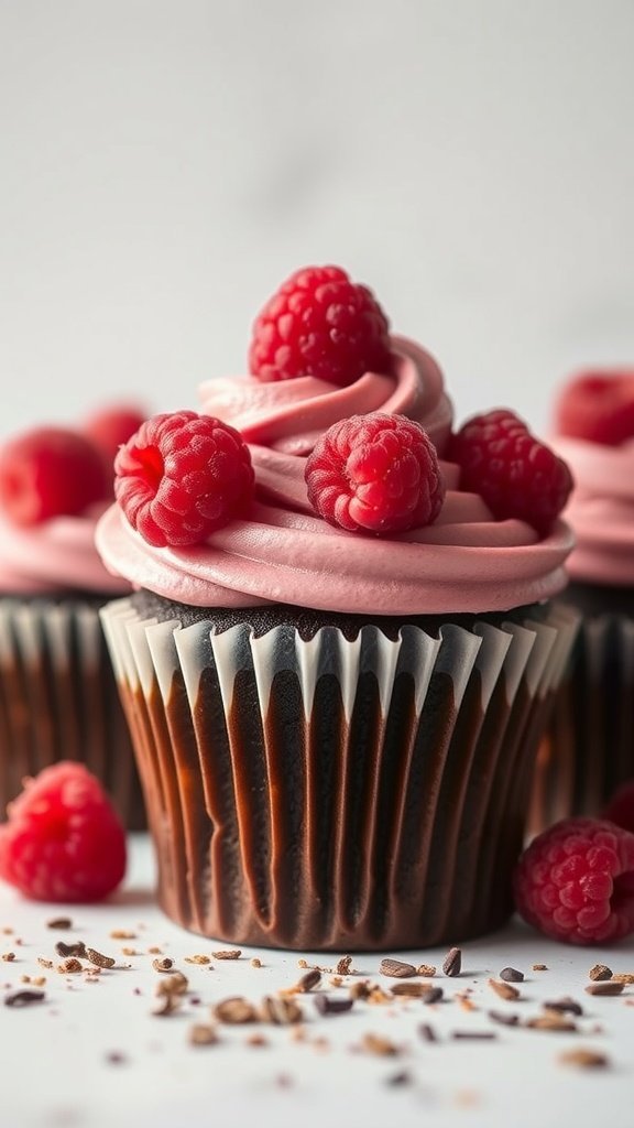 Chocolate raspberry cupcakes with pink frosting topped with fresh raspberries