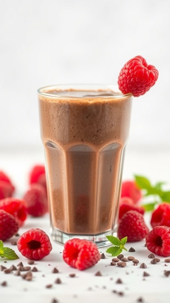 A chocolate raspberry smoothie in a glass with fresh raspberries and chocolate chips around it.