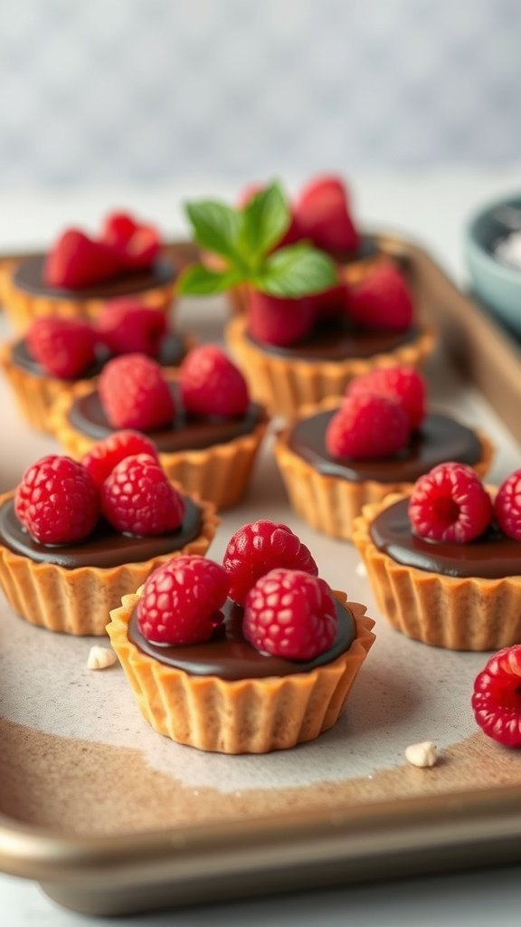 A tray of chocolate raspberry tartlets topped with fresh raspberries and mint leaves.