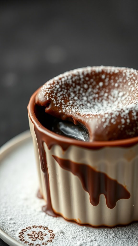 A chocolate soufflé in a ramekin, topped with powdered sugar.