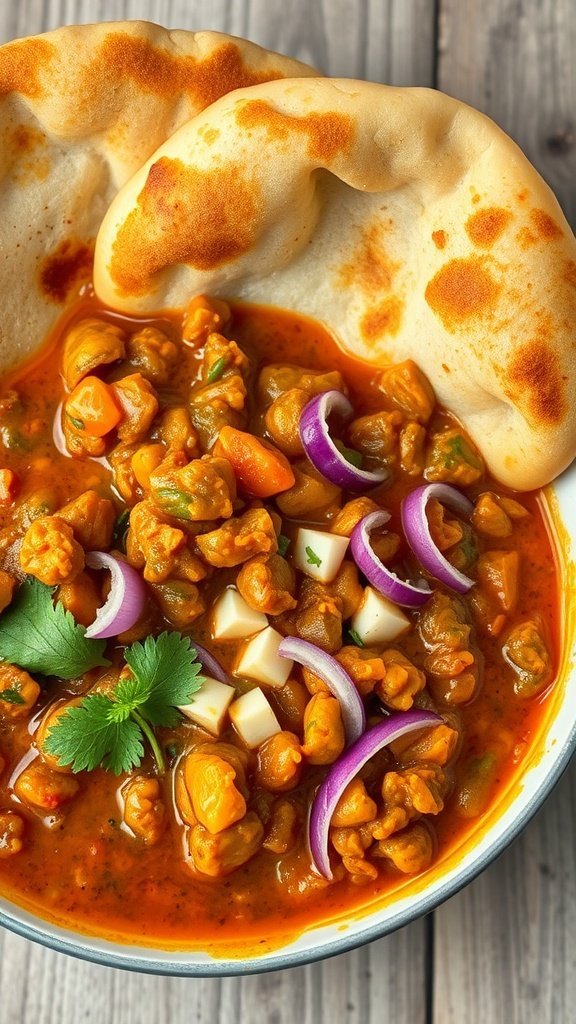 A bowl of Chole Bhature with spiced chickpeas and two pieces of fried bread.