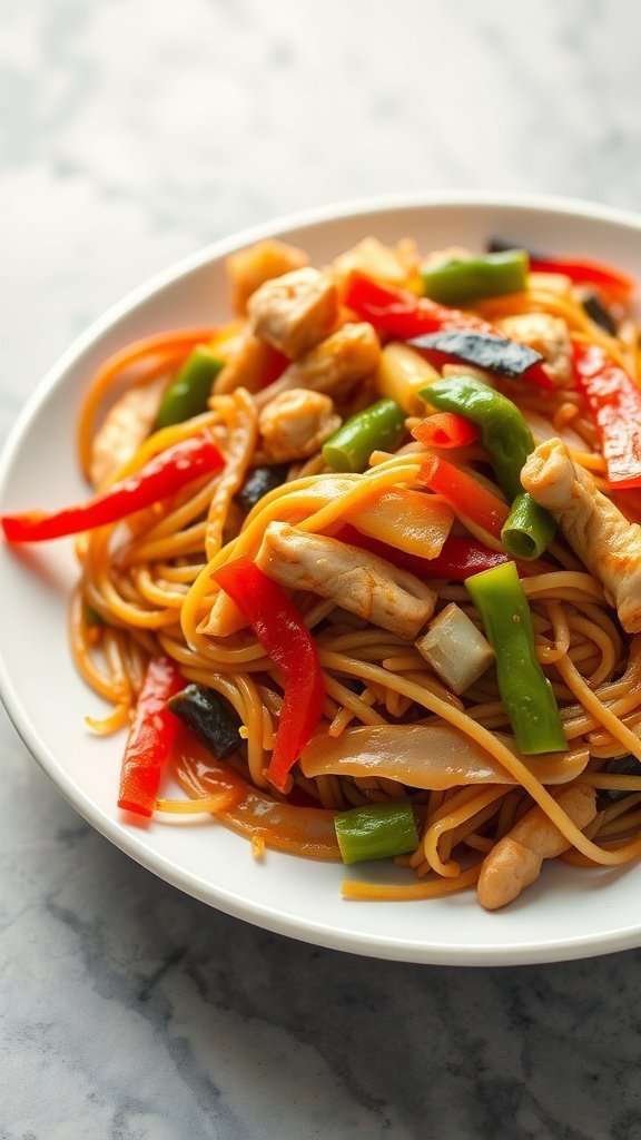 A plate of Chow Mein with chicken and colorful vegetables on a marble surface.