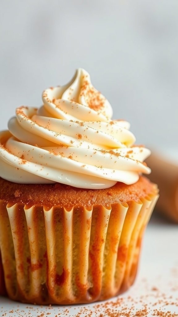 A churro cupcake topped with creamy frosting and sprinkled with cinnamon sugar.