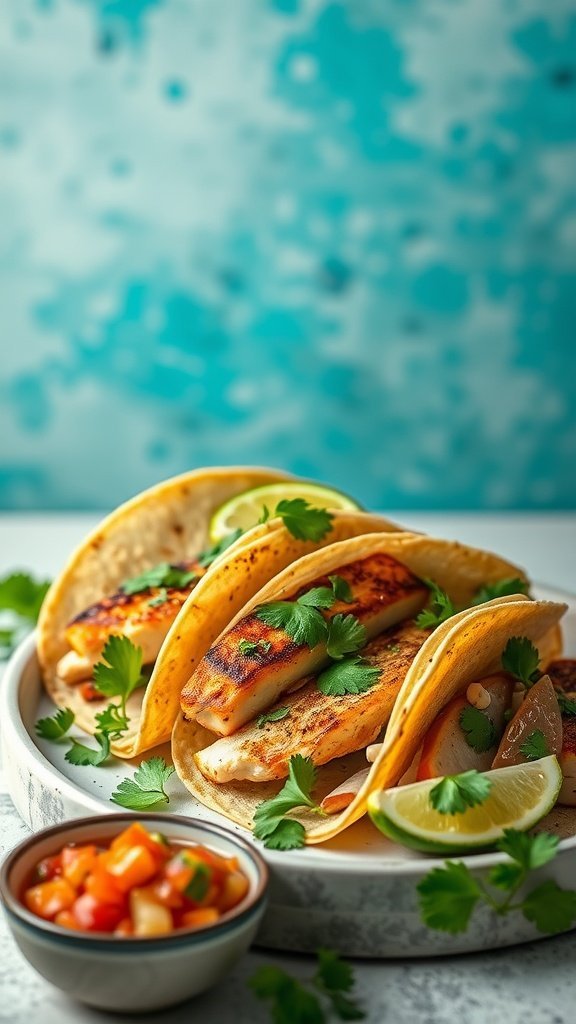 A plate of cilantro-lime grilled fish tacos with fresh toppings and salsa.