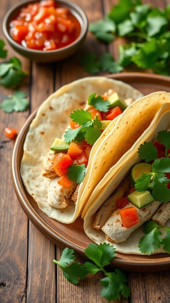 Two cilantro lime chicken tacos with vegetables on a plate.