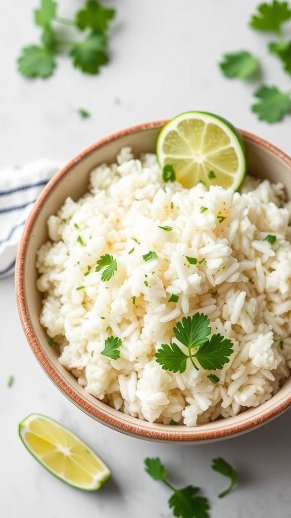 A bowl of fluffy cilantro lime rice garnished with lime and cilantro leaves.
