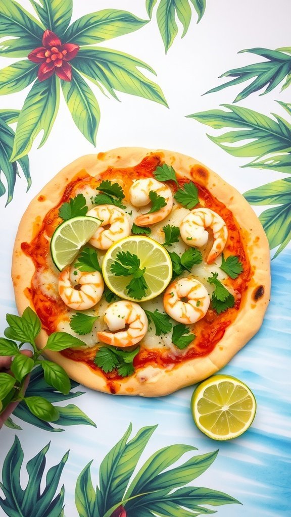Cilantro Lime Shrimp Pizza topped with shrimp and lime slices on a colorful background