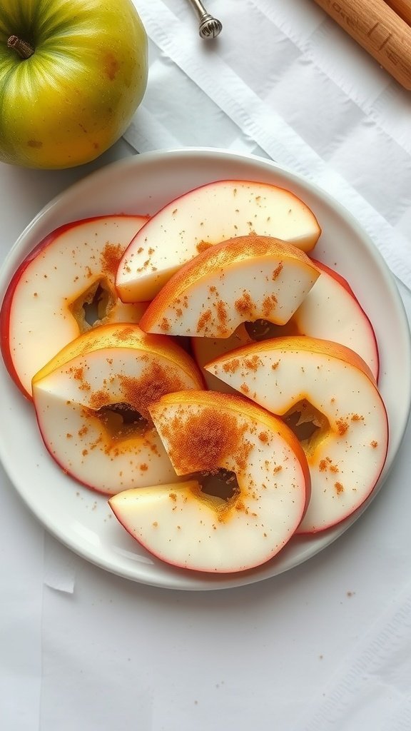 Plate of cinnamon apple slices on a white background
