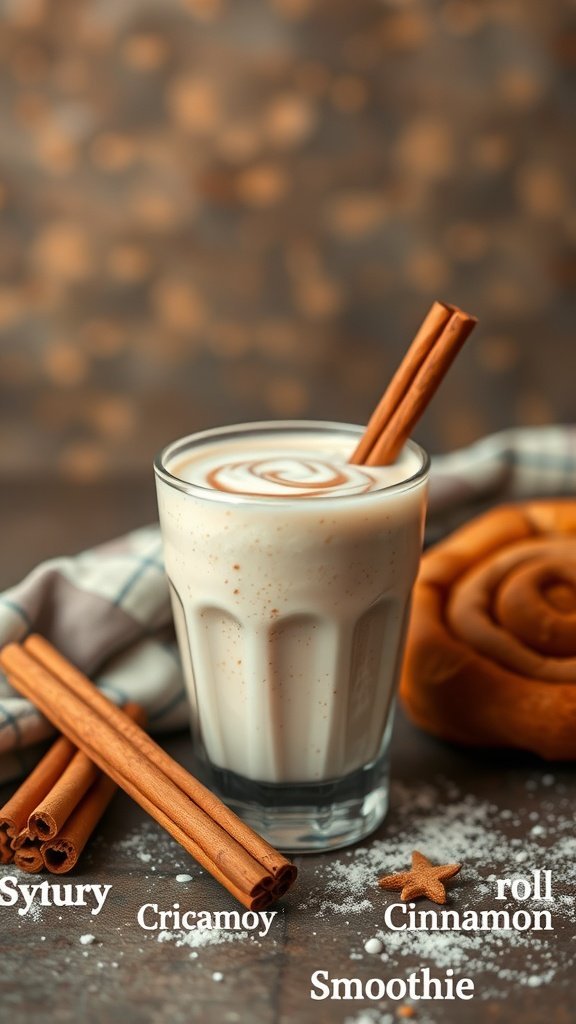 A glass of cinnamon roll smoothie garnished with cinnamon sticks, next to a cinnamon roll.