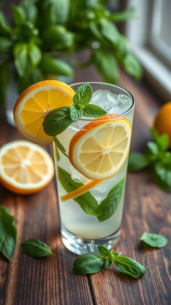 A refreshing Citrus Basil Mojito in a tall glass with lemon slices and basil leaves garnishing the rim.