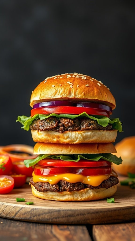 Two classic beef burgers stacked with lettuce, tomato, and cheese on sesame seed buns.