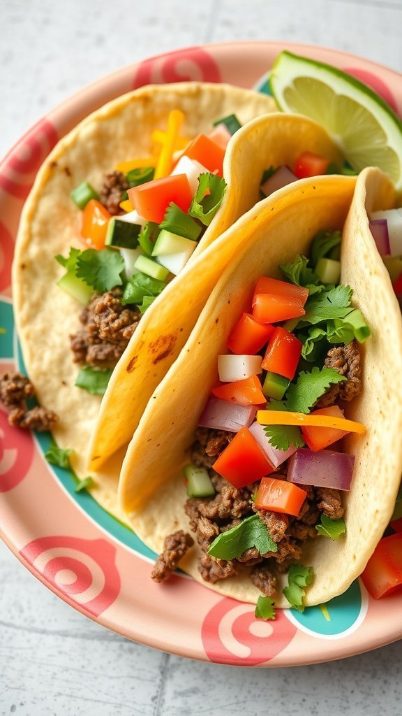 Three beef tacos filled with fresh vegetables on a colorful plate